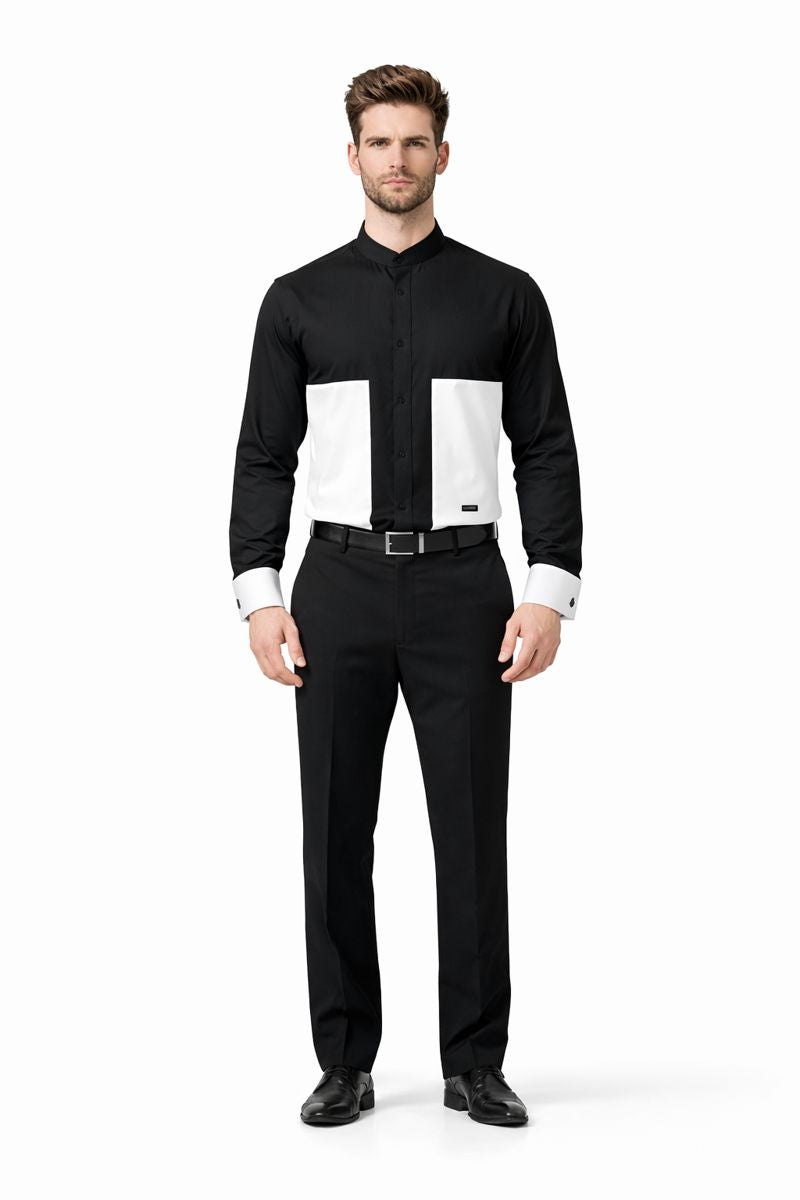 Men's Fashion Hidden Button French Cuff Mandarin Collarless Preacher Round Style Men's Dress Shirt-New Designer Collection