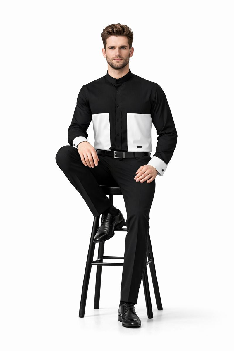 Men's Fashion Hidden Button French Cuff Mandarin Collarless Preacher Round Style Men's Dress Shirt-New Designer Collection