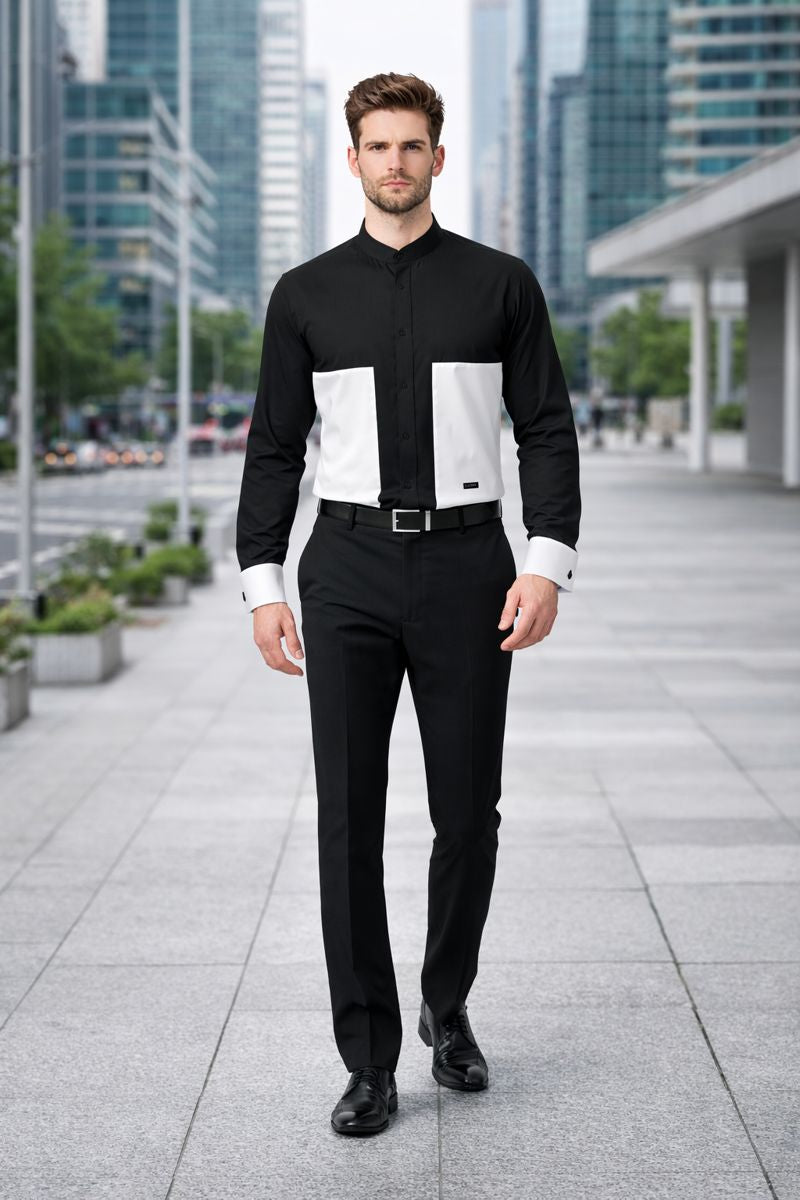 Men's Fashion Hidden Button French Cuff Mandarin Collarless Preacher Round Style Men's Dress Shirt-New Designer Collection
