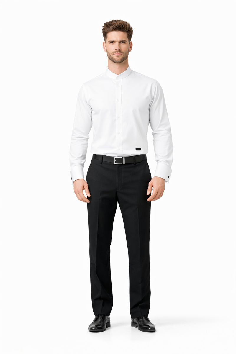 Men's Fashion Hidden Button French Cuff Mandarin Collarless Preacher Round Style Men's Dress Shirt-New Designer Collection