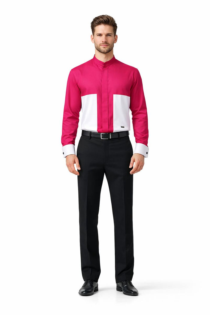 Men's Fashion Hidden Button French Cuff Mandarin Collarless Preacher Round Style Men's Dress Shirt-New Designer Collection