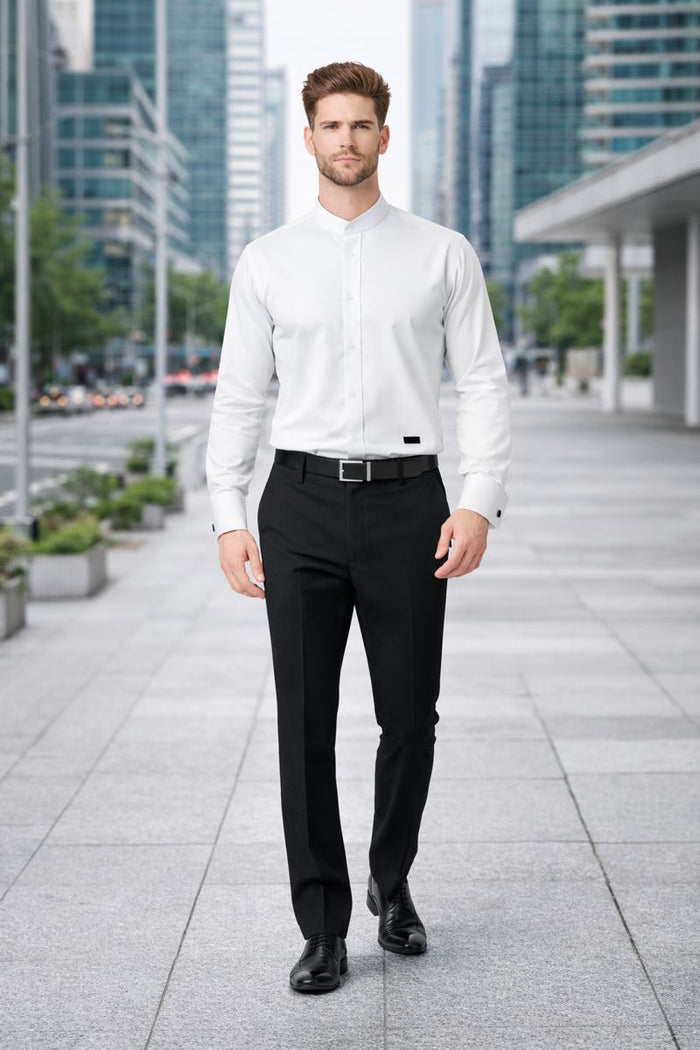Men's Fashion Hidden Button French Cuff Mandarin Collarless Preacher Round Style Men's Dress Shirt-New Designer Collection
