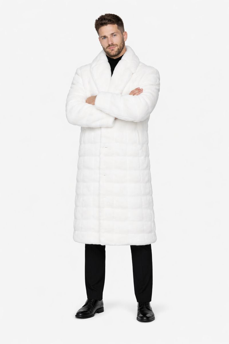 Mens Fashion Ivory Faux Fur Overcoat-New Designer Collection - Coat Size 38