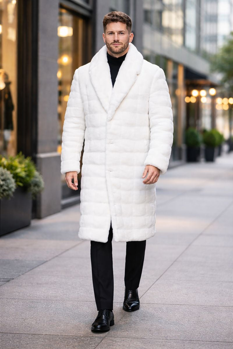 Mens Fashion Ivory Faux Fur Overcoat-New Designer Collection - Coat Size 38