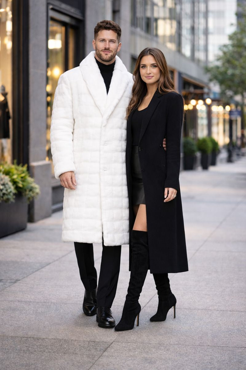 Mens Fashion Ivory Faux Fur Overcoat-New Designer Collection - Coat Size 38