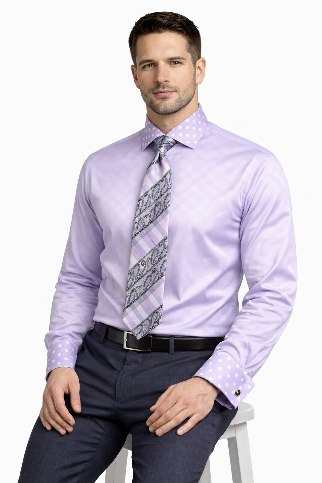 Polka Dot French Cuffed Matching Shirt & Tie Combo Lavender Set Men's Dress Shirt - Large 16.5" Neck / 36-37" Sleeve