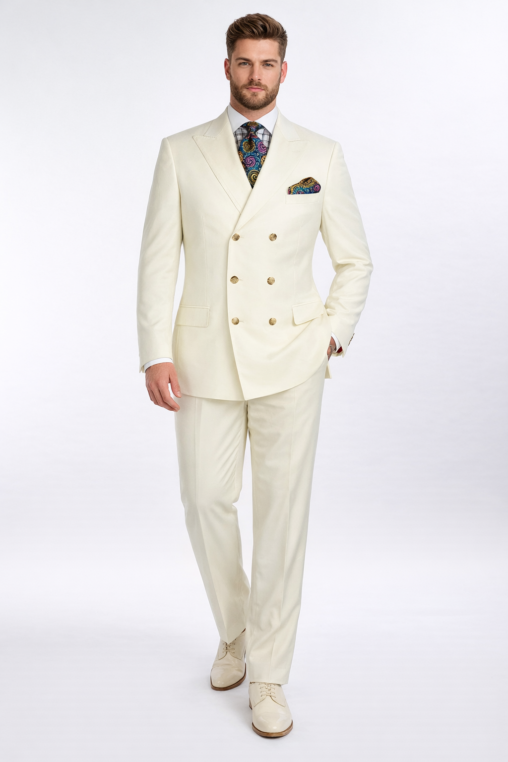 Apollo King Men's 2pc Double Breasted Suit Wide Peak Lapel with Slim Fit Cut - 38 Short Jacket+32 Waist Adjustable 28to34)(Height: 5 4 to5 7 )(Neck  15-16.5)S-M)