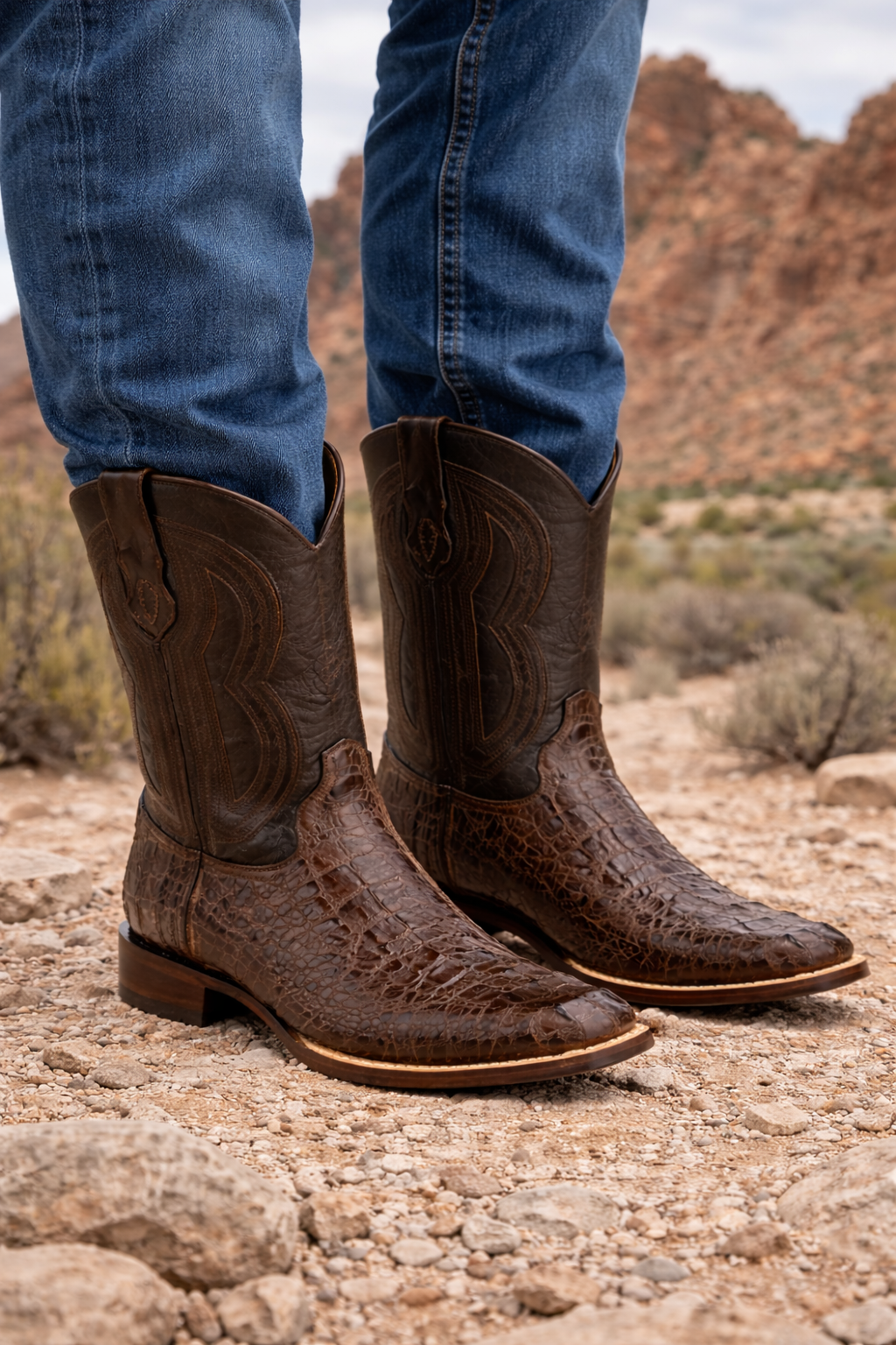 Men's Ferrini Dakota Hornback Caiman Cowboy Boots - Square Toe Brown Leather Western Dress Boots-New Designer Collection - 6