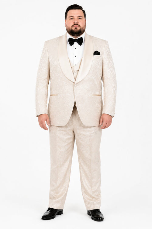 Men One Button Floral All Champagne Tuxedo – 3 Piece