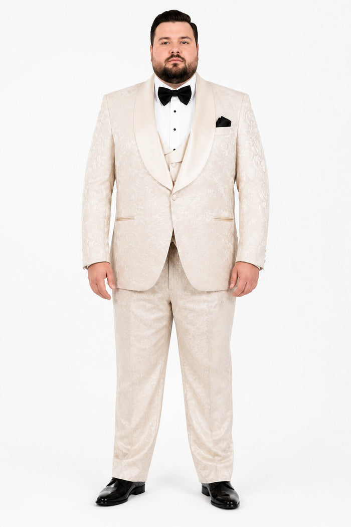 Men One Button Floral All Champagne Tuxedo – 3 Piece