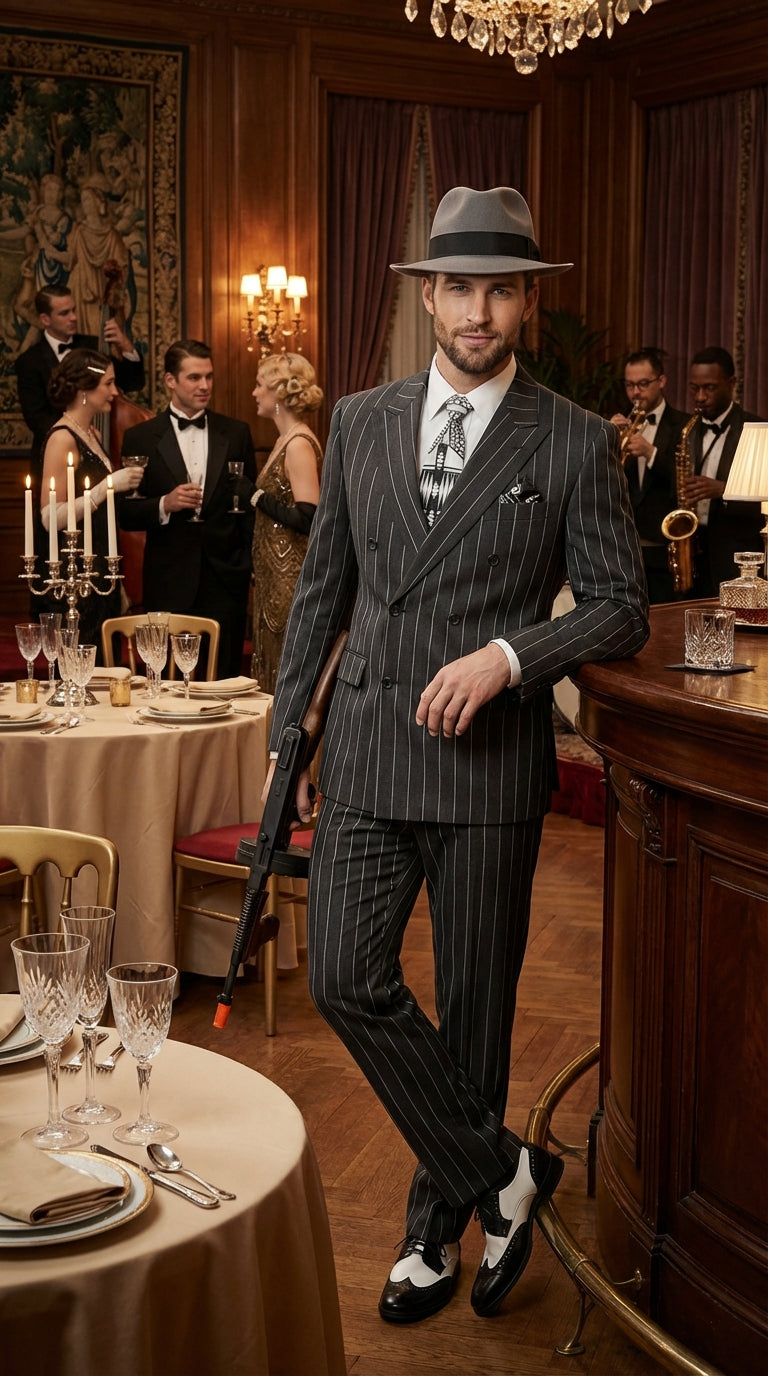 Mens Black Pinstripe AI Capone Suit – Vintage 1920s Gangster Style Three Piece Formal Suit - 34 Short or Extra Small