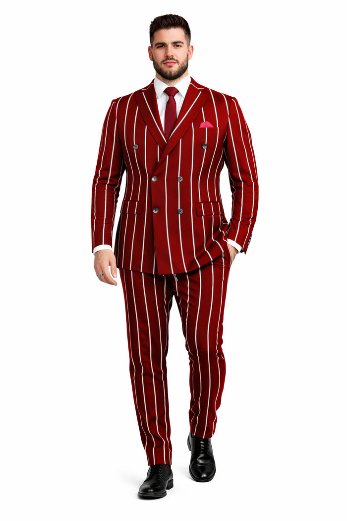 Burgundy Pinstripe Suit - Mens 1920s Gangster Pinstripe Suit - Lapel Chalk Pinstripe Red
