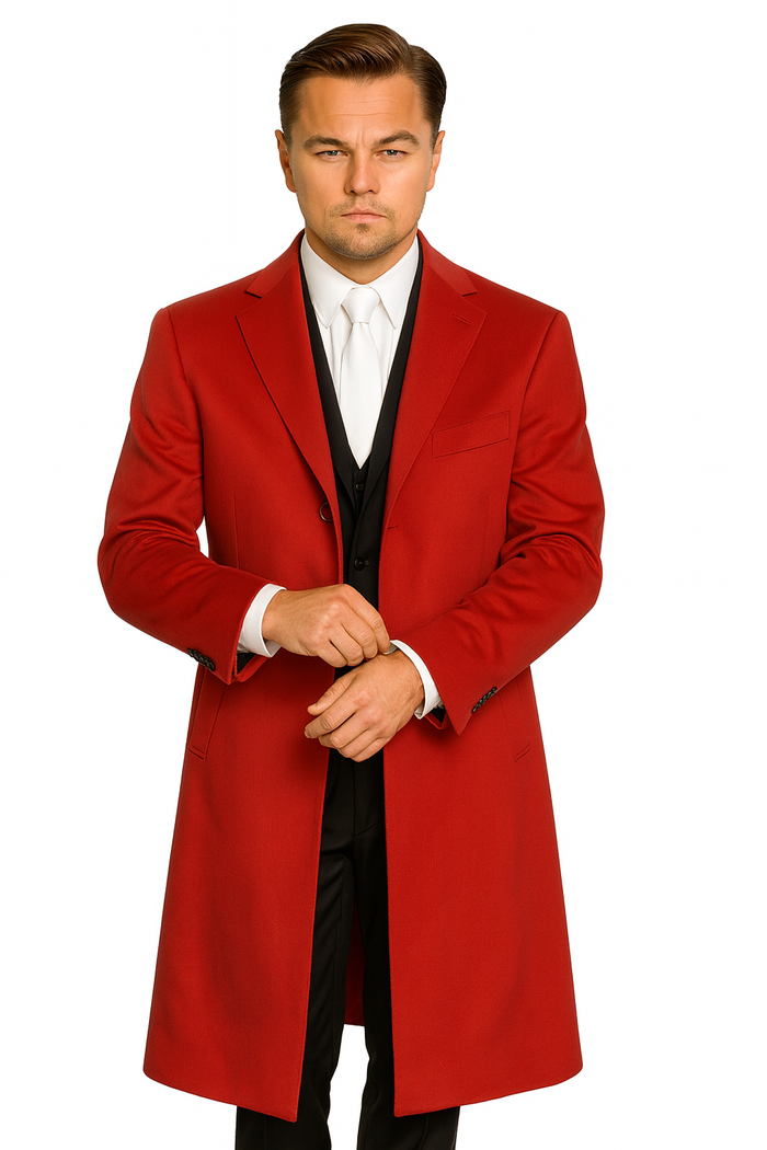 men's Three Buttons Red Wool Fabric Overcoat / Long men's Dress Topcoat - Winter coat $240