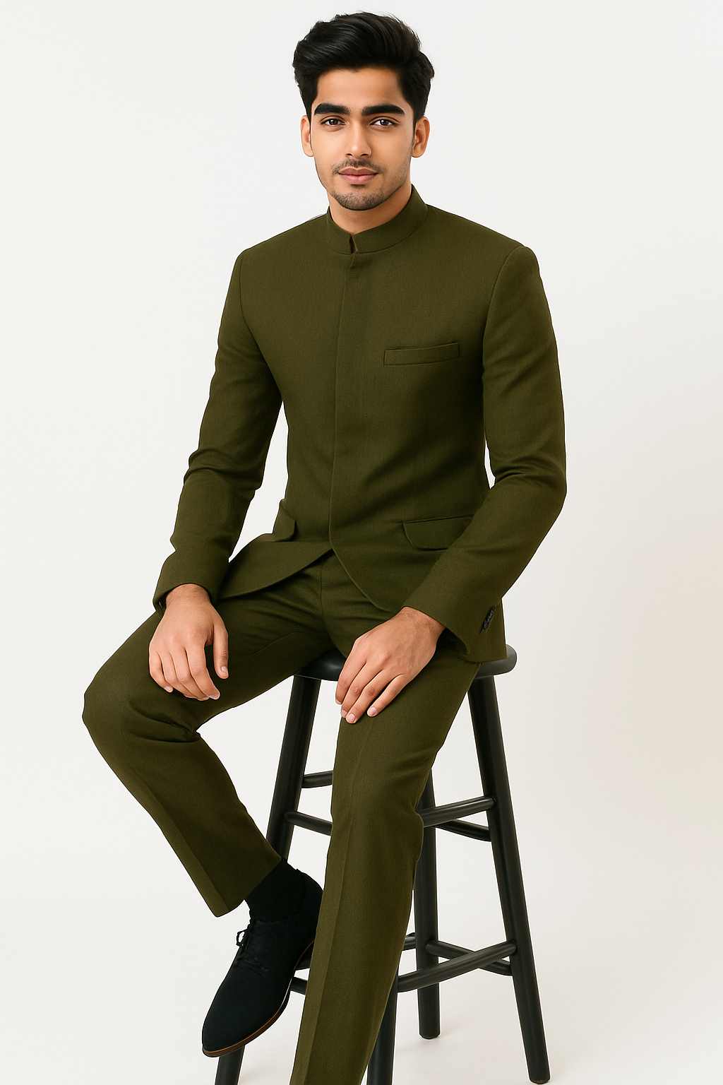 Cheap Priced Suit  - Mens Mandarin Banded Collar French Front Green Suit - 38 Short Jacket+32 Waist Adjustable 28to34)(Height: 5 4 to5 7 )(Neck  15-16.5)S-M)