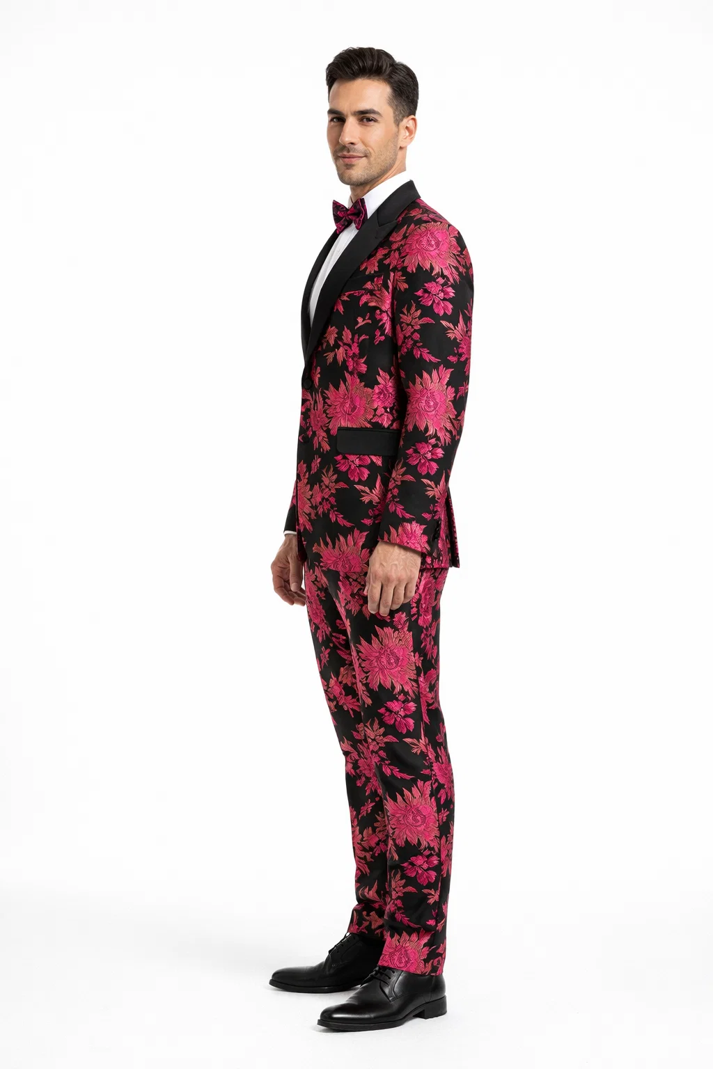 Men's Fuchsia Pink & Black Floral Paisley Prom 2022 Tuxedo