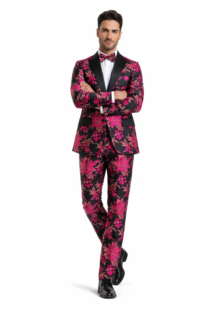 Men's Fuchsia Pink & Black Floral Paisley Prom 2022 Tuxedo