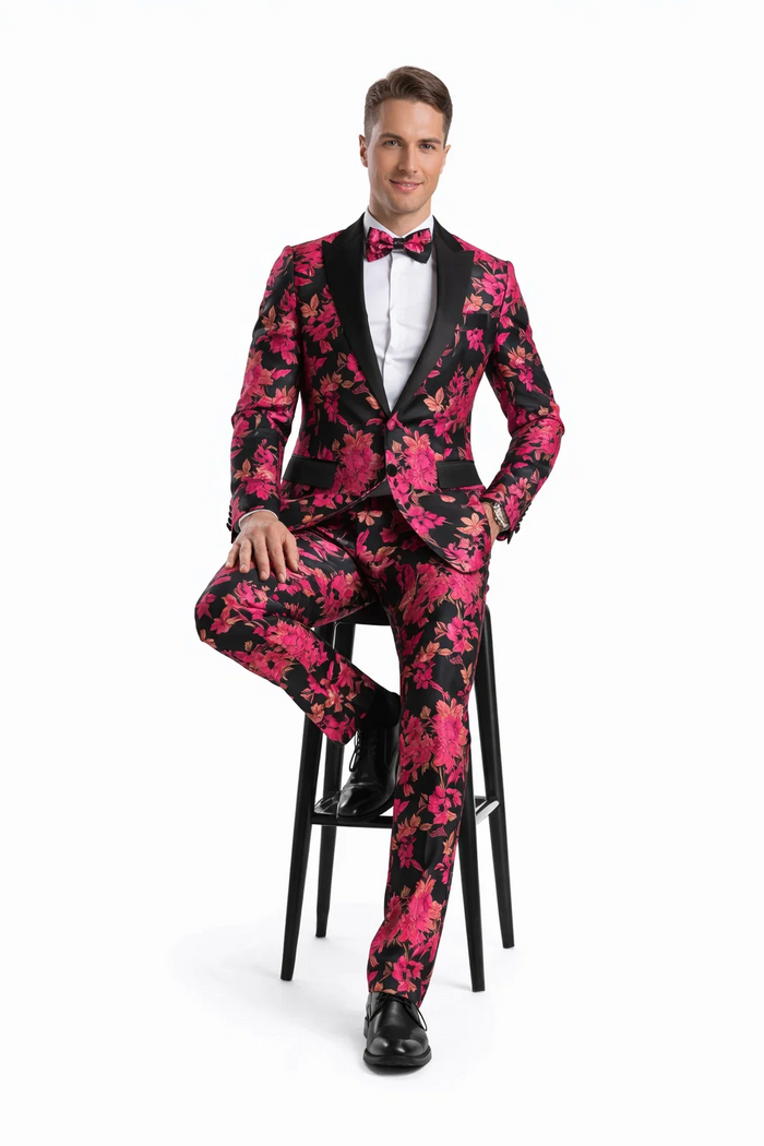 Men's Fuchsia Pink & Black Floral Paisley Prom 2022 Tuxedo