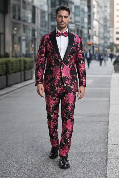 Men's Fuchsia Pink & Black Floral Paisley Prom 2022 Tuxedo
