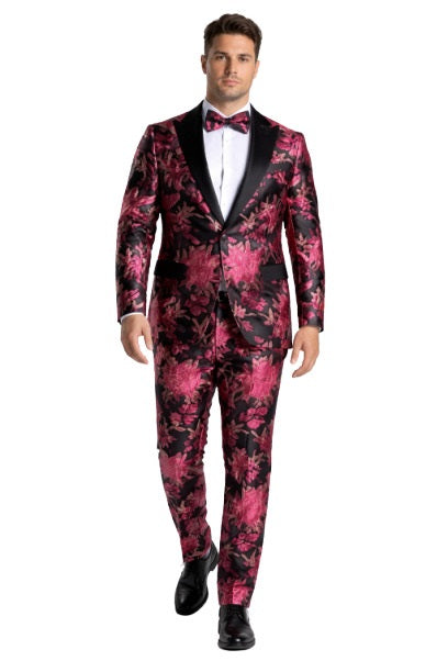 Men's Fuchsia Pink & Black Floral Paisley Prom 2022 Tuxedo