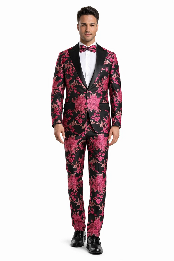 Men's Fuchsia Pink & Black Floral Paisley Prom 2022 Tuxedo