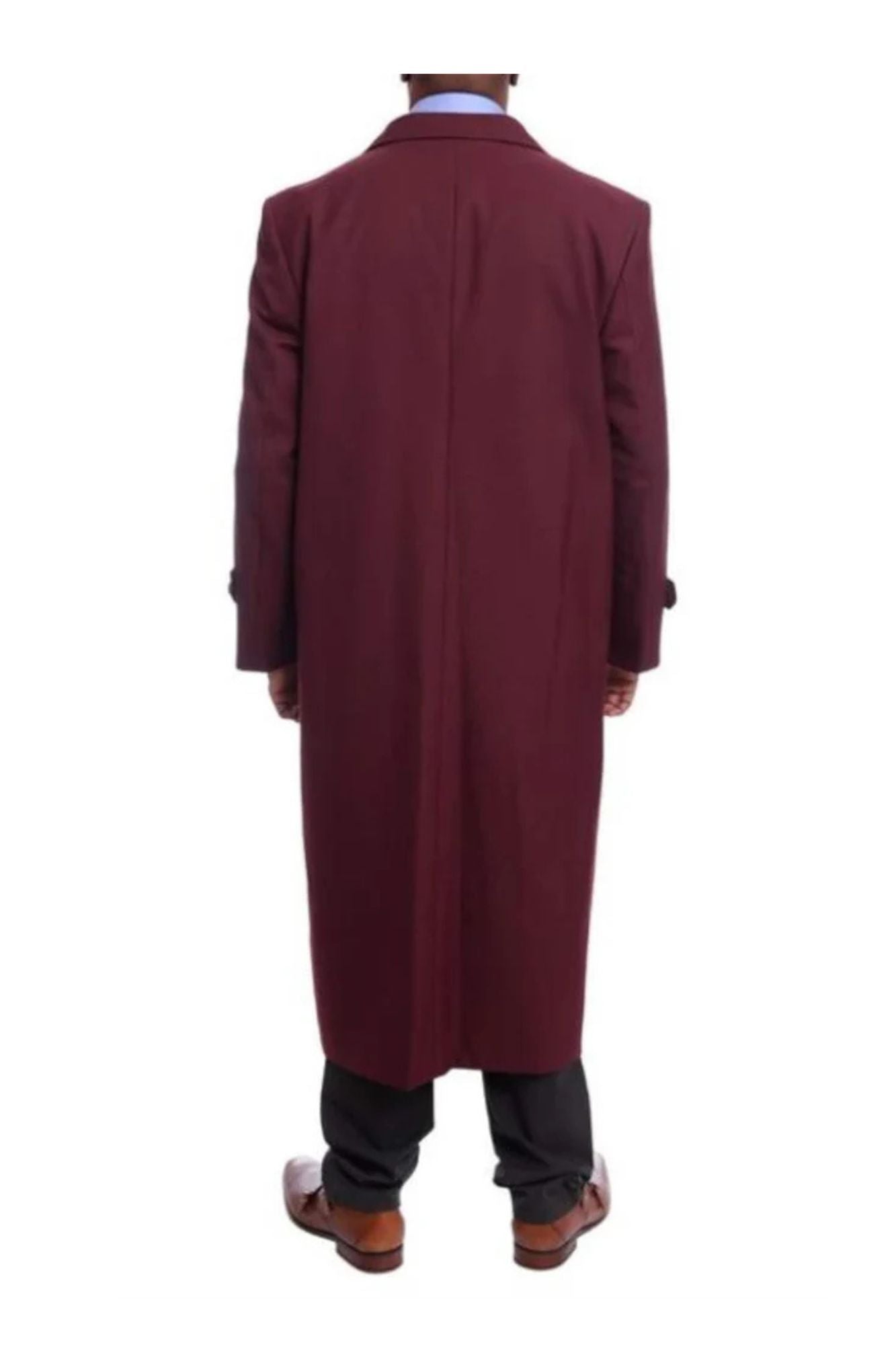 Mens Full Length Overcoat Burgundy Wool Double Breasted Trench Coat