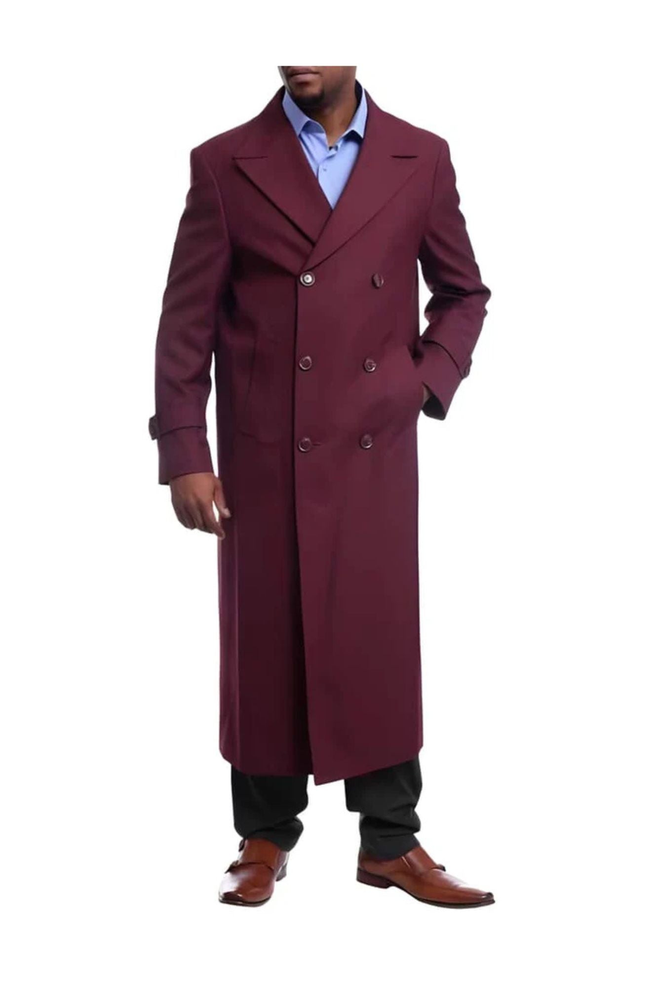 Mens Full Length Overcoat Burgundy Wool Double Breasted Trench Coat