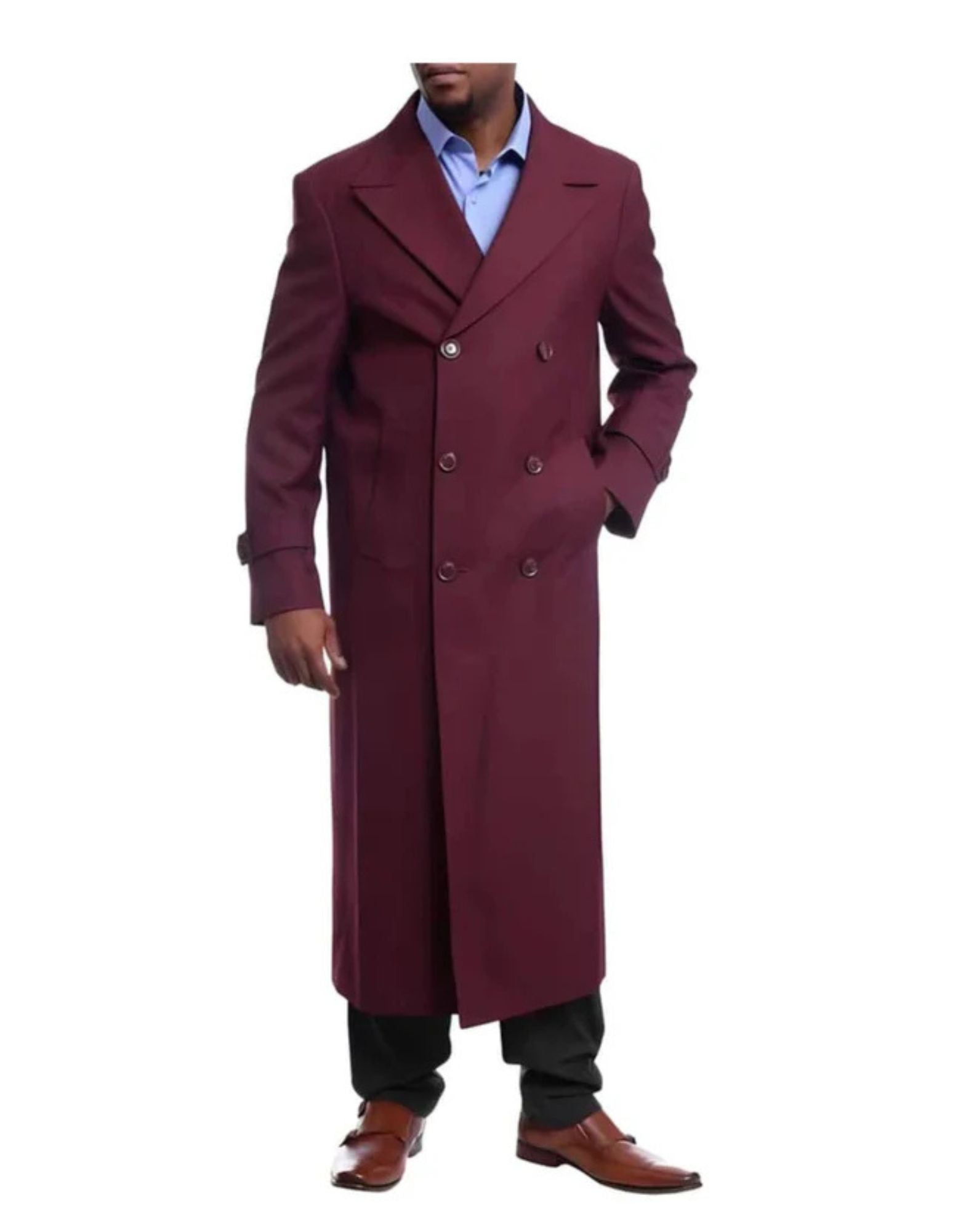 Men's Full Length Overcoat Burgundy Red Wool Gabardine Double Breasted Trench Coat - Coat Size 38