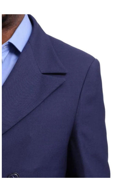 Mens Full Length Overcoat Navy Blue Wool Double Breasted Trench Coat