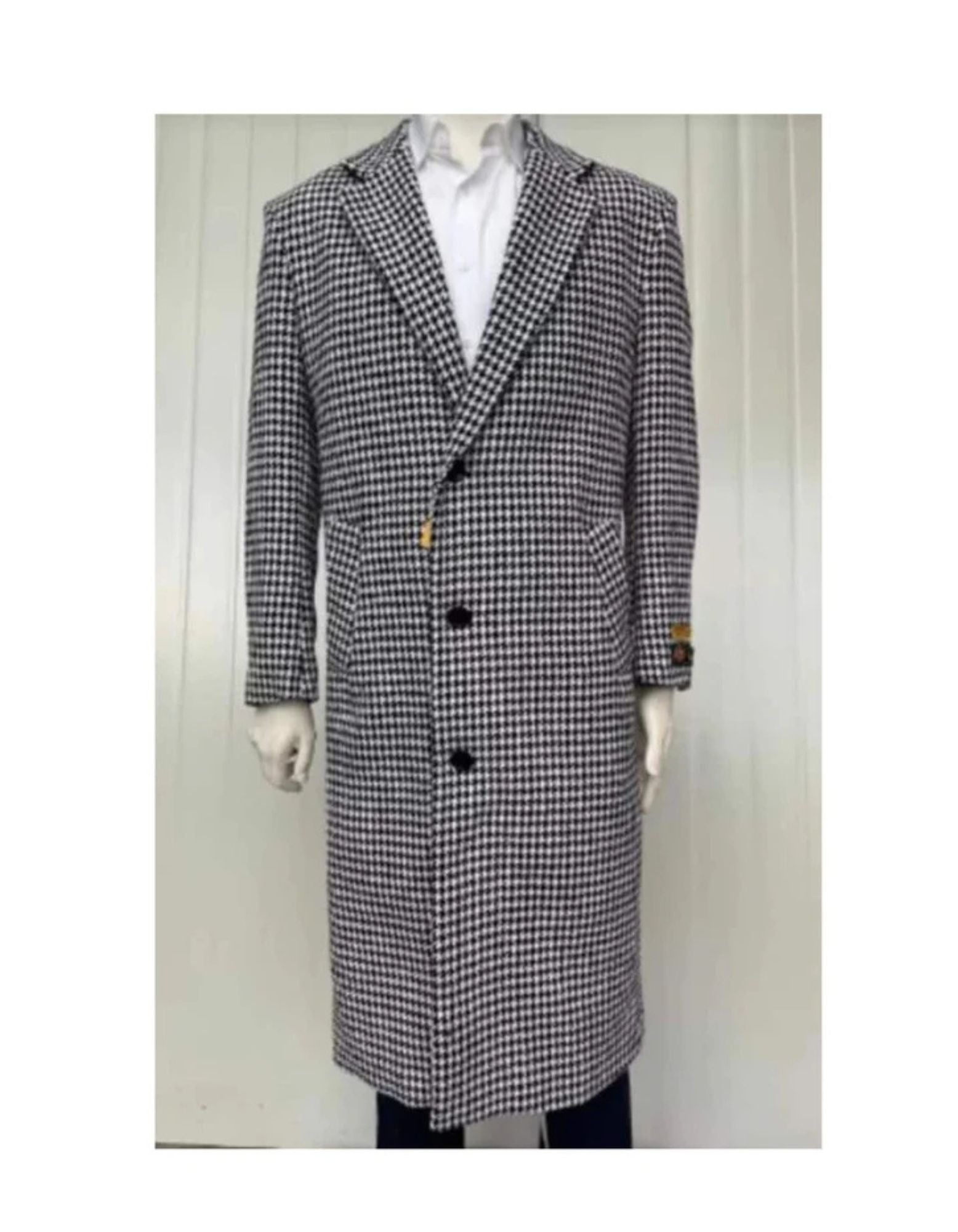 Mens Full Length Wool and Cashmere Overcoat - Winter Topcoats - Black and White Coat