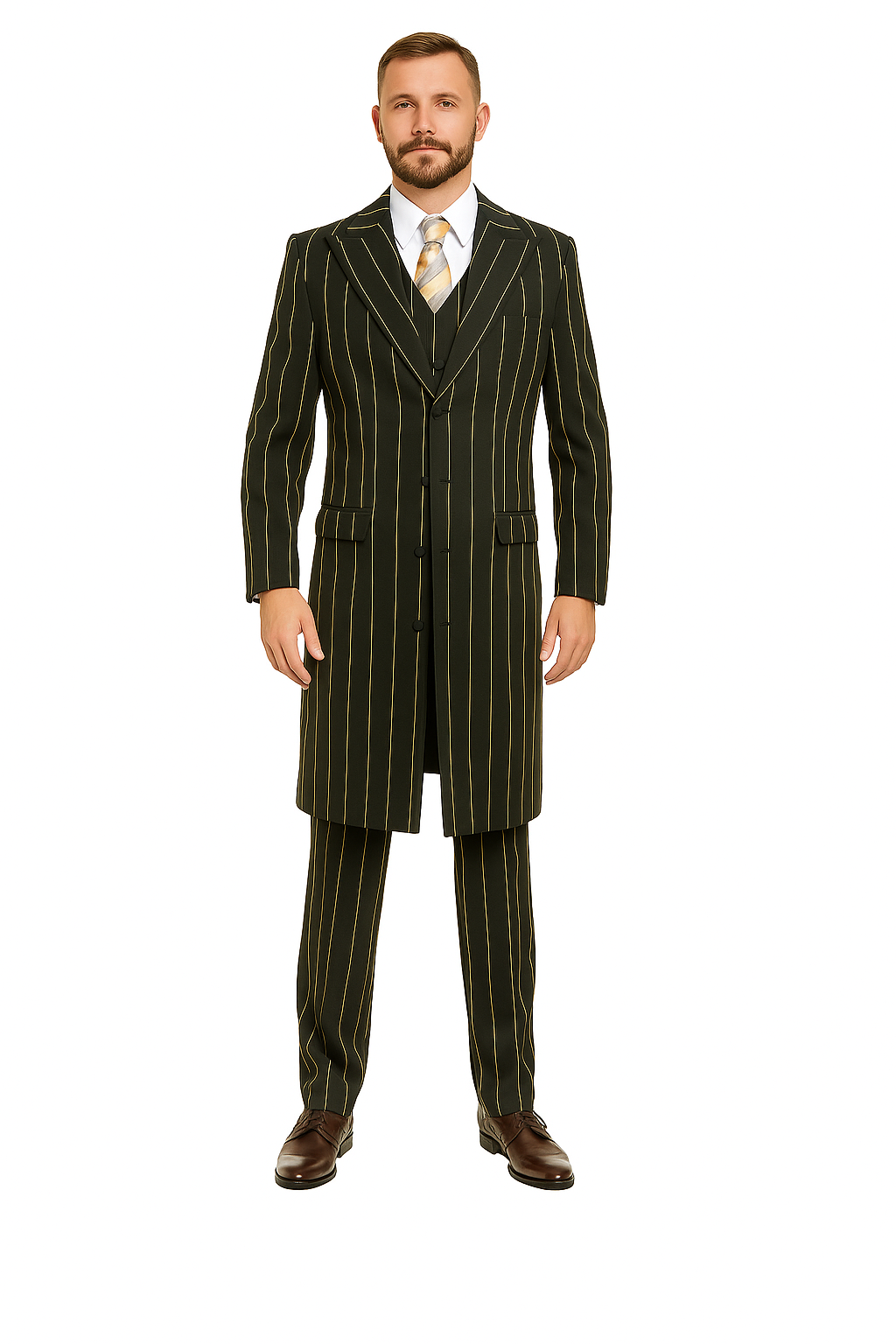 Pinstripe Zoot Suit For Men - Gangster  Wedding Suit in Black and Gold Pinstripe - 34 Short or Extra Small