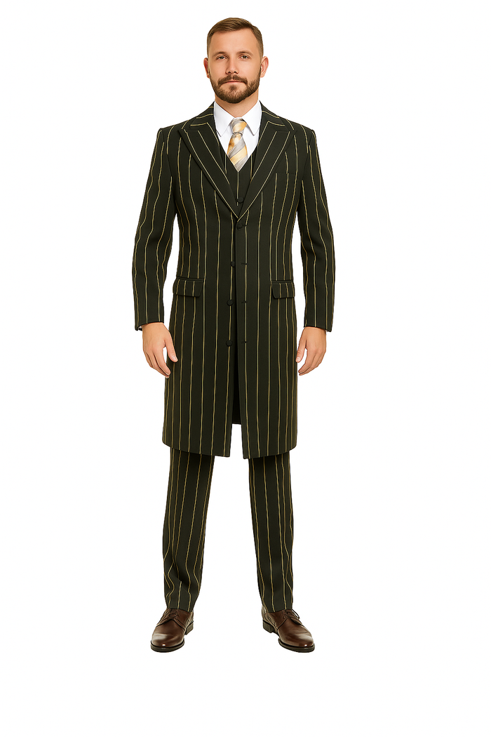 Pinstripe Zoot Suit For Men - Gangster  Wedding Suit in Black and Gold Pinstripe