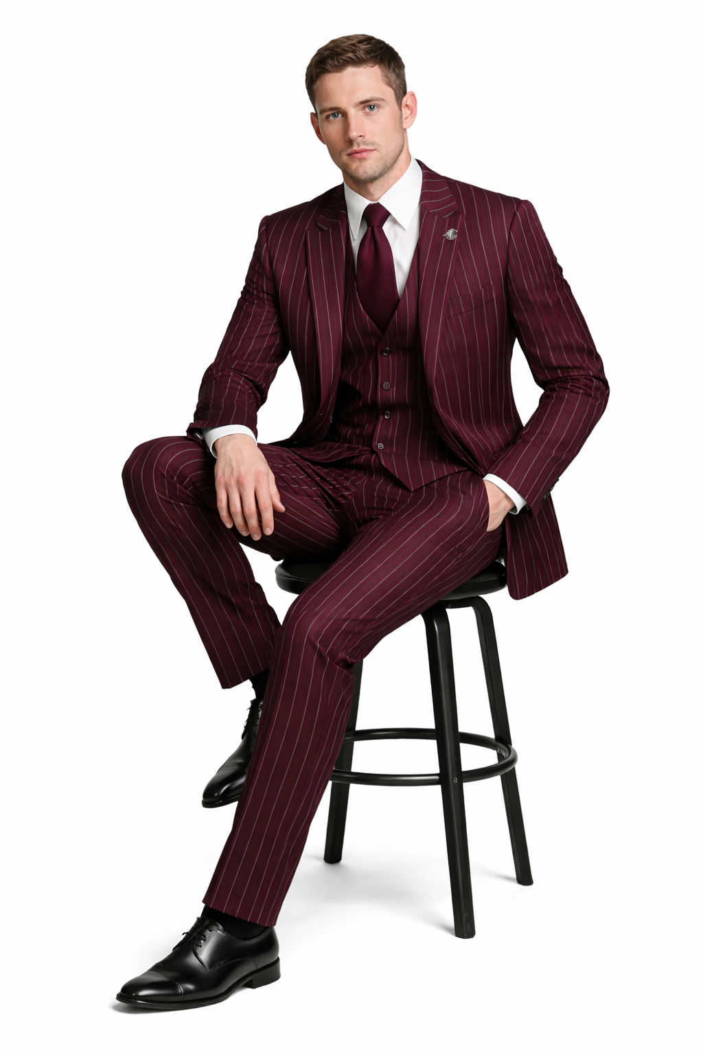 Men's Gangster Bold PinStripe Stripe Chalk Pinstripe Vested 3 Piece Fashion Suit 1920;s 30s Fashion in 10 Colors-New Designer Collection - 34 Short or Extra Small