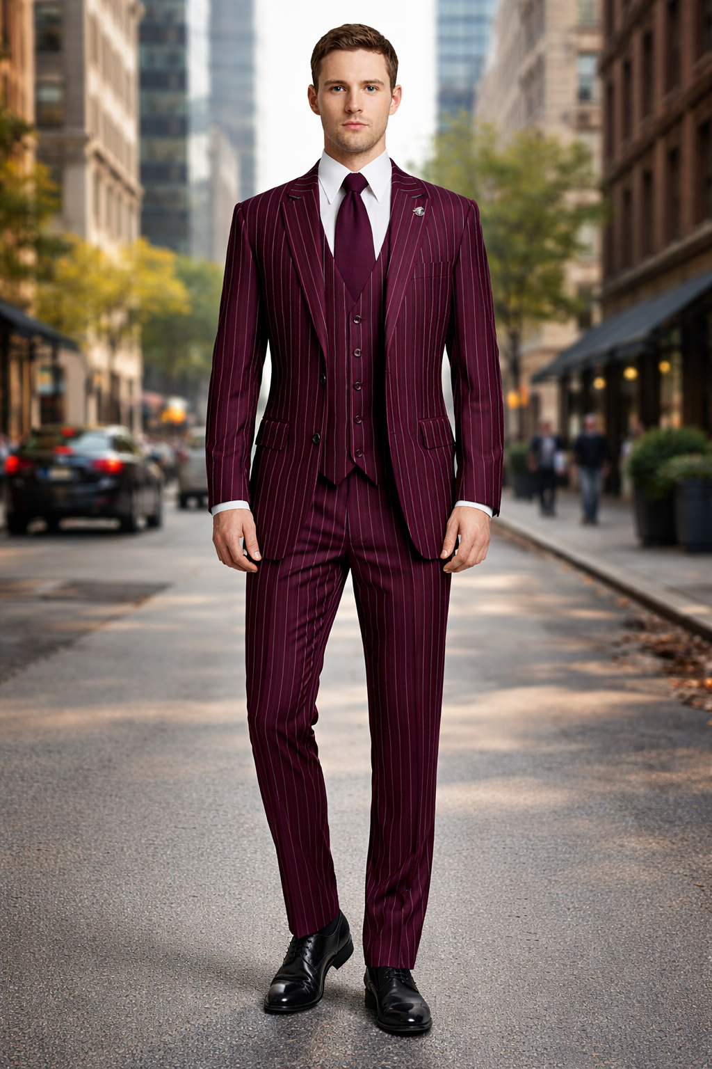 Men's Gangster Bold PinStripe Stripe Chalk Pinstripe Vested 3 Piece Fashion Suit 1920;s 30s Fashion in 10 Colors-New Designer Collection - 34 Short or Extra Small