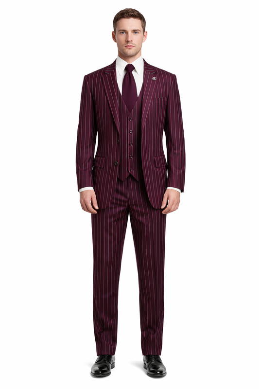 Men's Gangster Bold PinStripe Stripe Chalk Pinstripe Vested 3 Piece Fashion Suit 1920;s 30s Fashion in 10 Colors-New Designer Collection