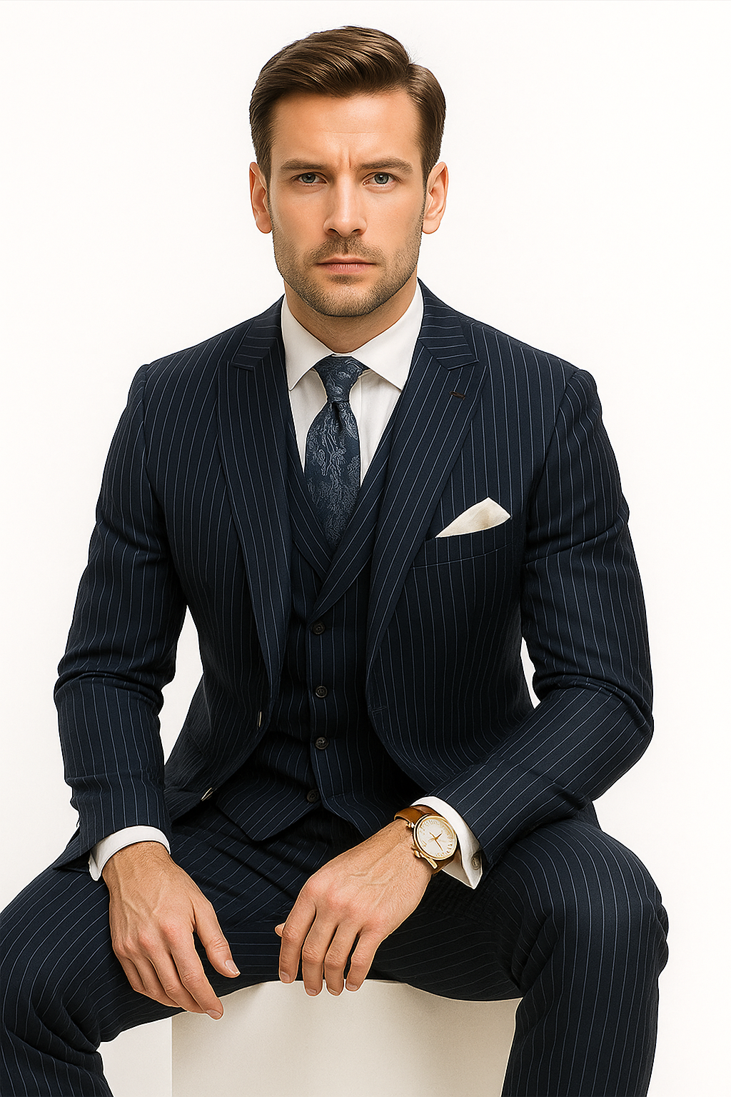 Mens Gangster Pinstripe 2 Button Double Breasted  Suit in Navy - 38 Short Jacket+32 Waist Adjustable 28to34)(Height: 5 4 to5 7 )(Neck  15-16.5)S-M)