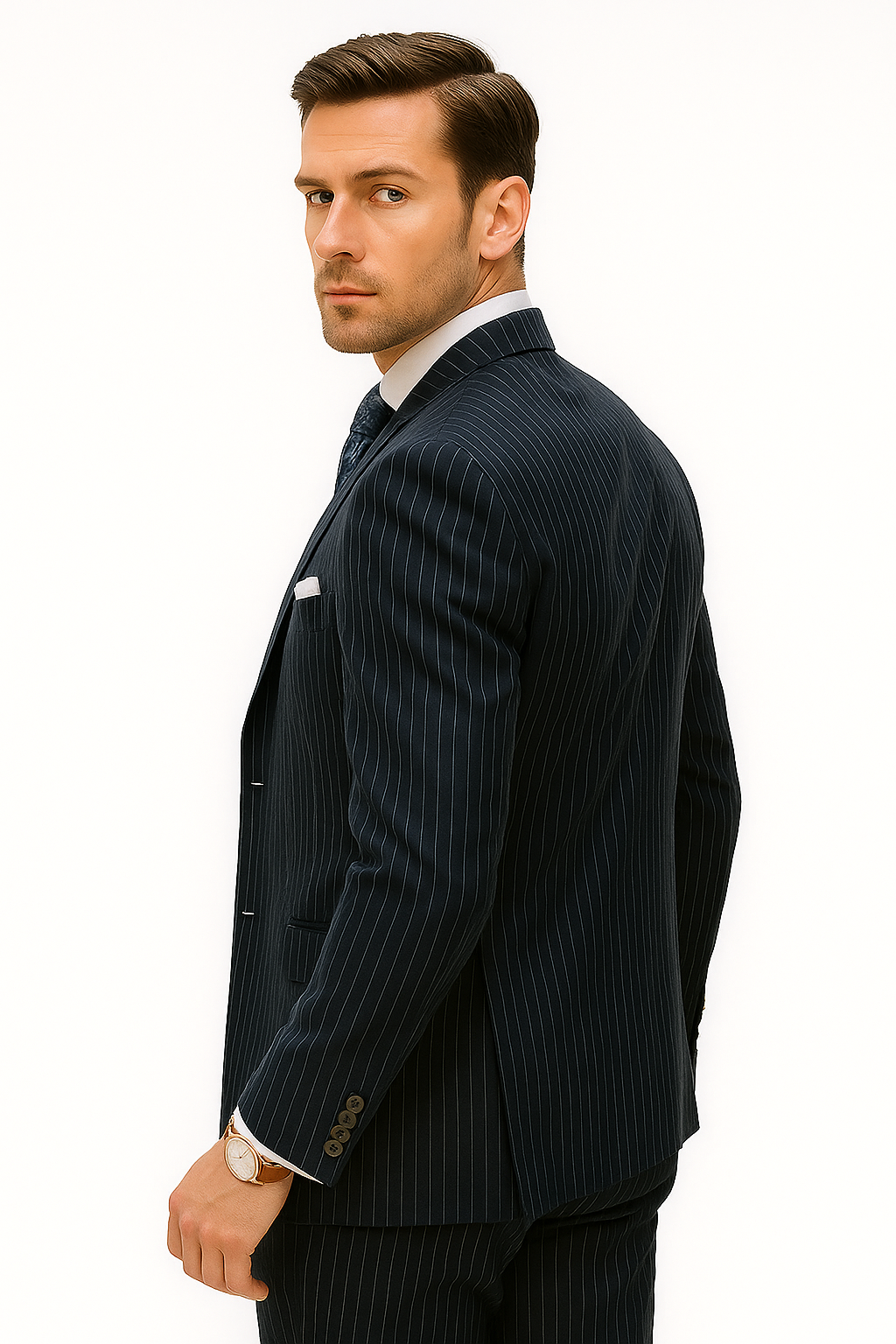 Mens Gangster Pinstripe 2 Button Double Breasted  Suit in Navy - 38 Short Jacket+32 Waist Adjustable 28to34)(Height: 5 4 to5 7 )(Neck  15-16.5)S-M)