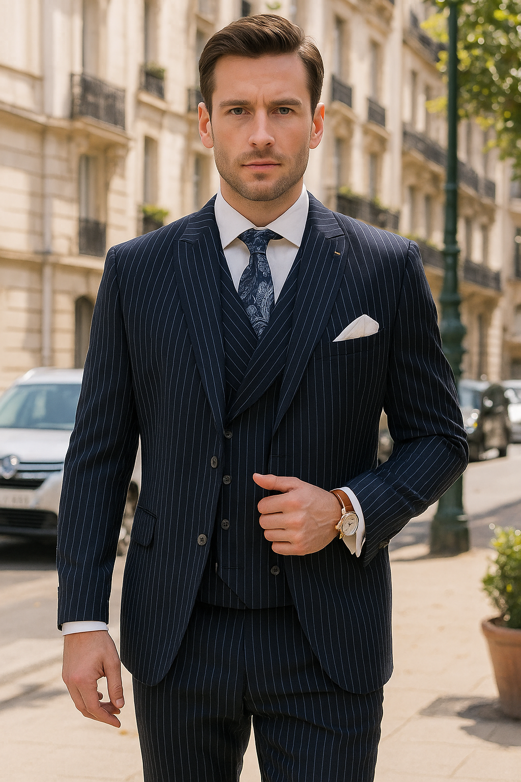 Mens Gangster Pinstripe 2 Button Double Breasted  Suit in Navy - 38 Short Jacket+32 Waist Adjustable 28to34)(Height: 5 4 to5 7 )(Neck  15-16.5)S-M)