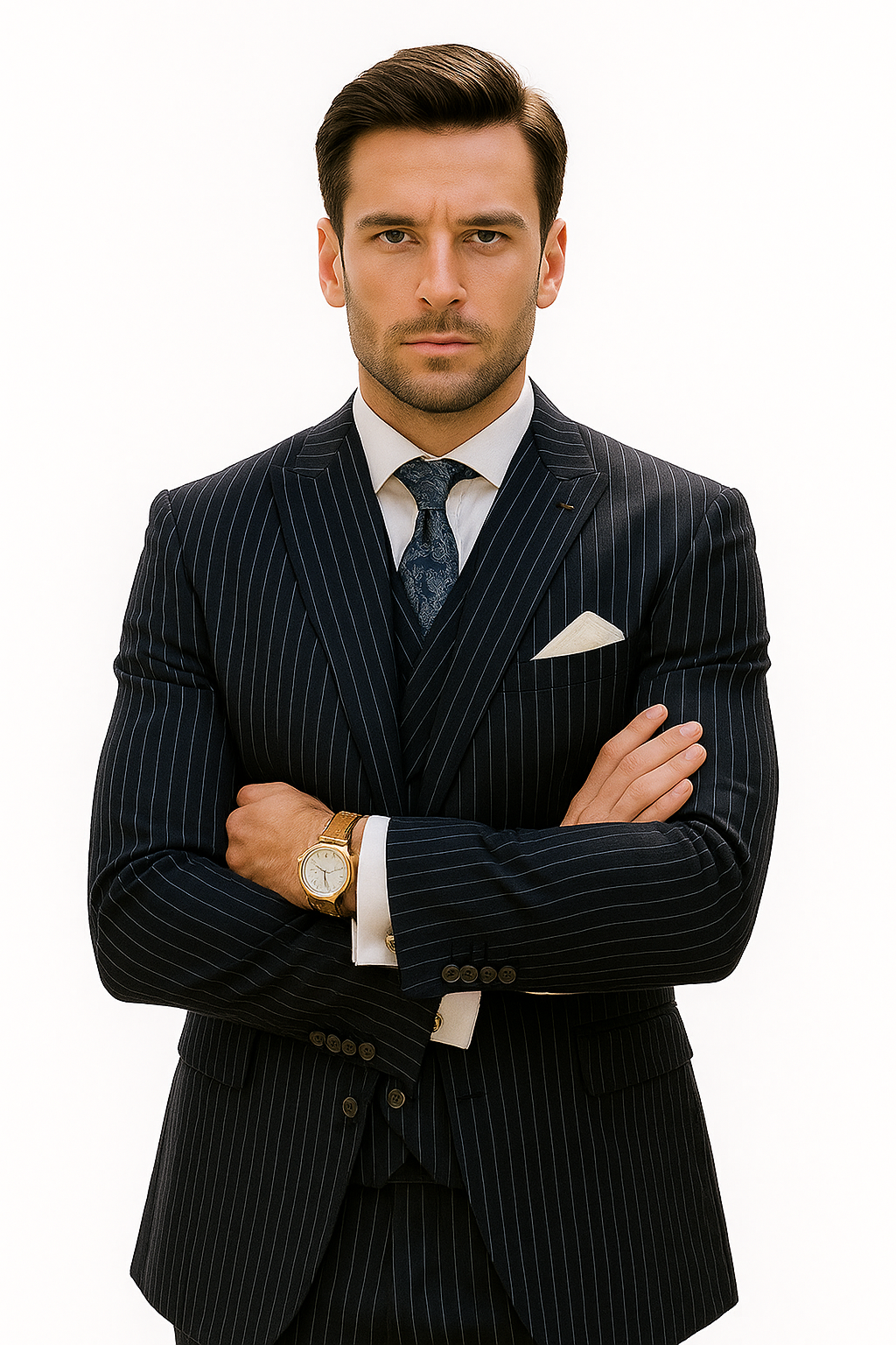 Mens Gangster Pinstripe 2 Button Double Breasted  Suit in Navy - 38 Short Jacket+32 Waist Adjustable 28to34)(Height: 5 4 to5 7 )(Neck  15-16.5)S-M)