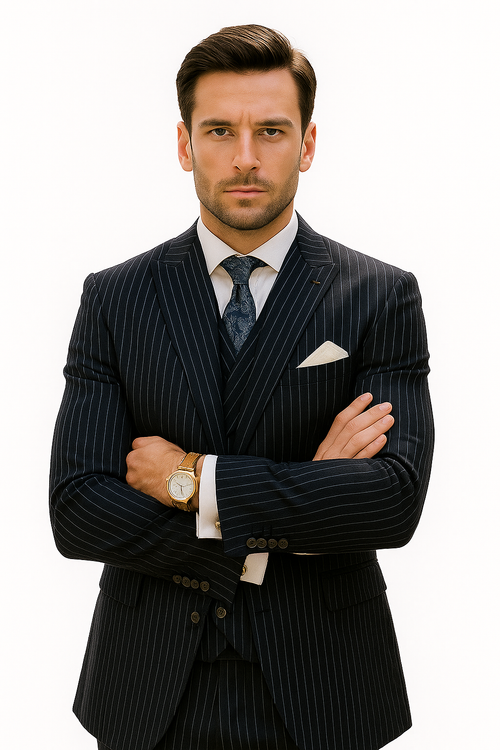 Mens Gangster Pinstripe 2 Button Double Breasted  Suit in Navy