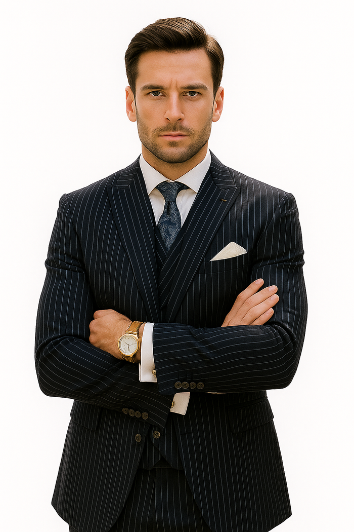 Mens Gangster Pinstripe 2 Button Double Breasted  Suit in Navy