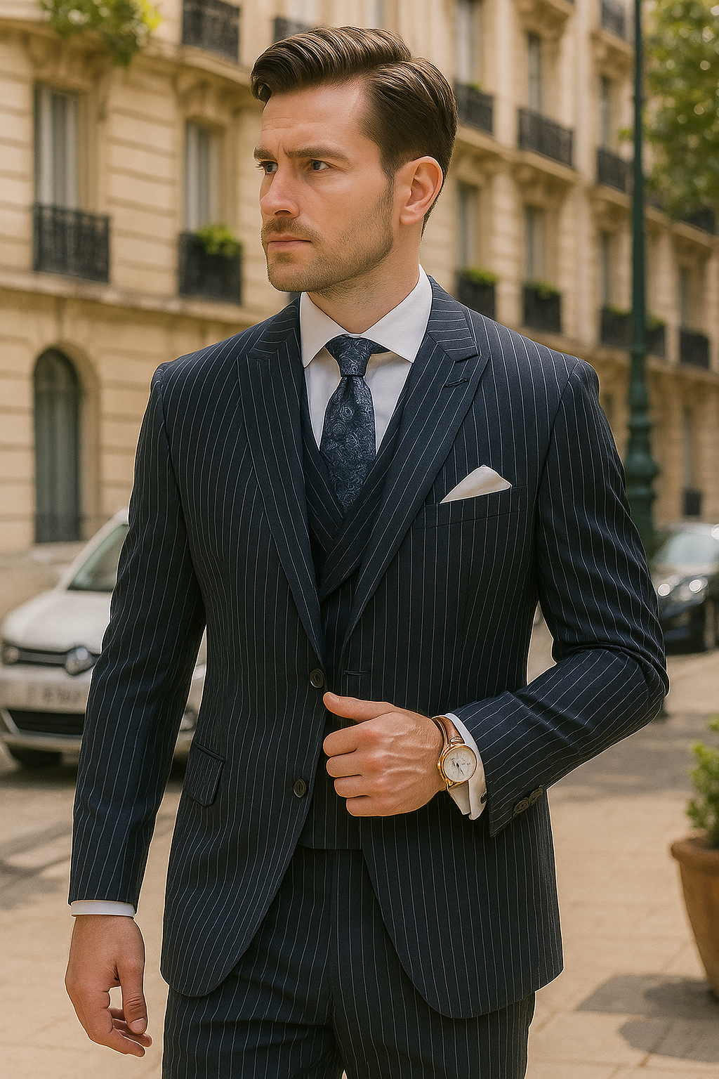 Mens Gangster Pinstripe 2 Button Double Breasted  Suit in Navy - 38 Short Jacket+32 Waist Adjustable 28to34)(Height: 5 4 to5 7 )(Neck  15-16.5)S-M)