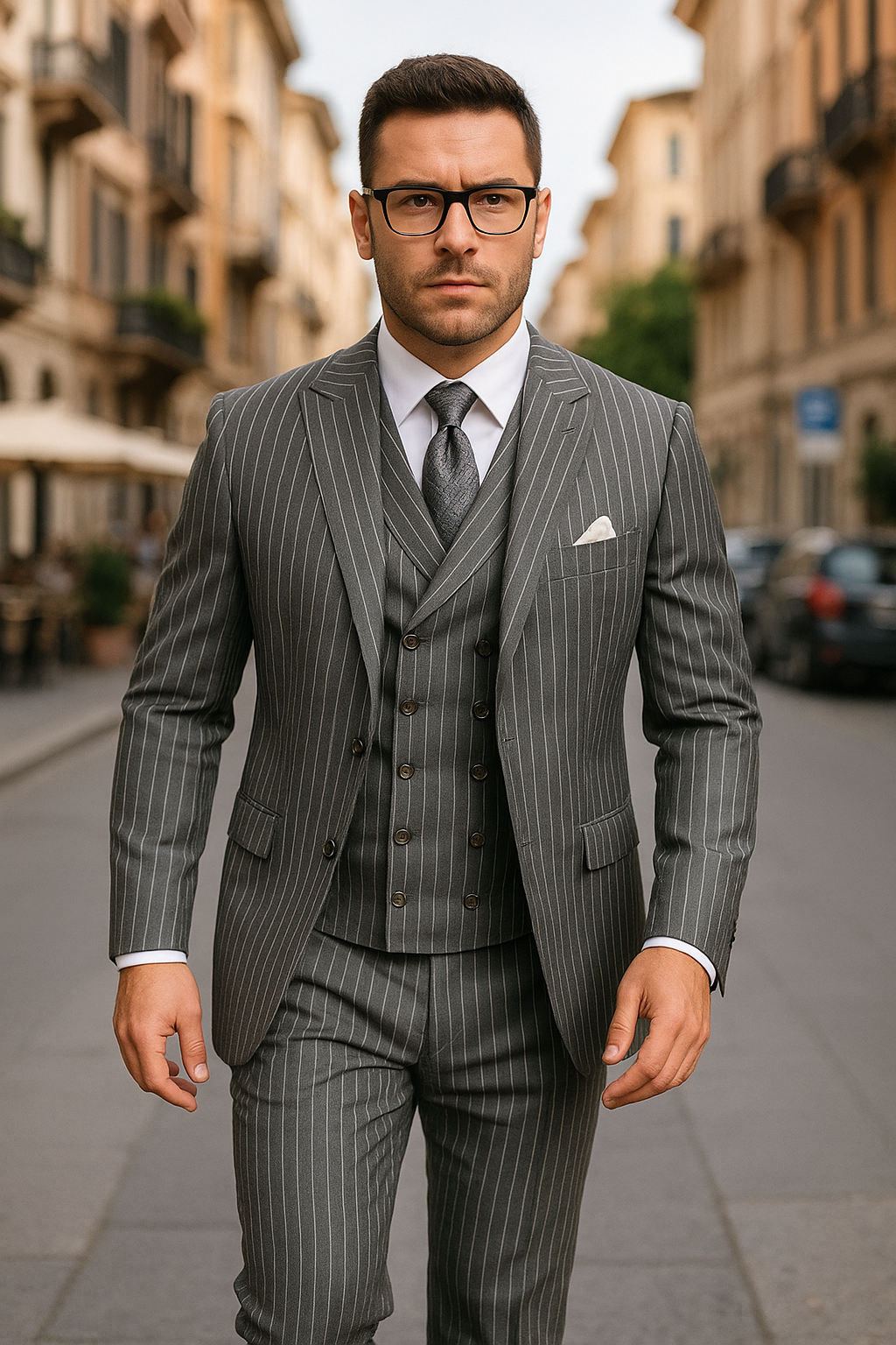 Mens Pinstripe 2 Button Double Breasted Vest Suit in Grey or Black or Navy in 100% Wool Fabric By Statement - 34 Short or Extra Small