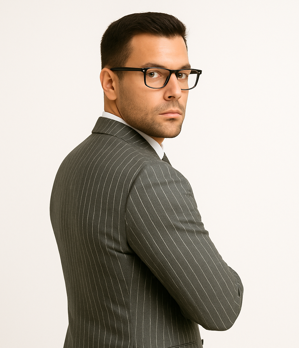 Mens Gangster Pinstripe 2 Button Double Breasted Vest  homecoming Suit in Grey - 38 Short Jacket+32 Waist Adjustable 28to34)(Height: 5 4 to5 7 )(Neck  15-16.5)S-M)
