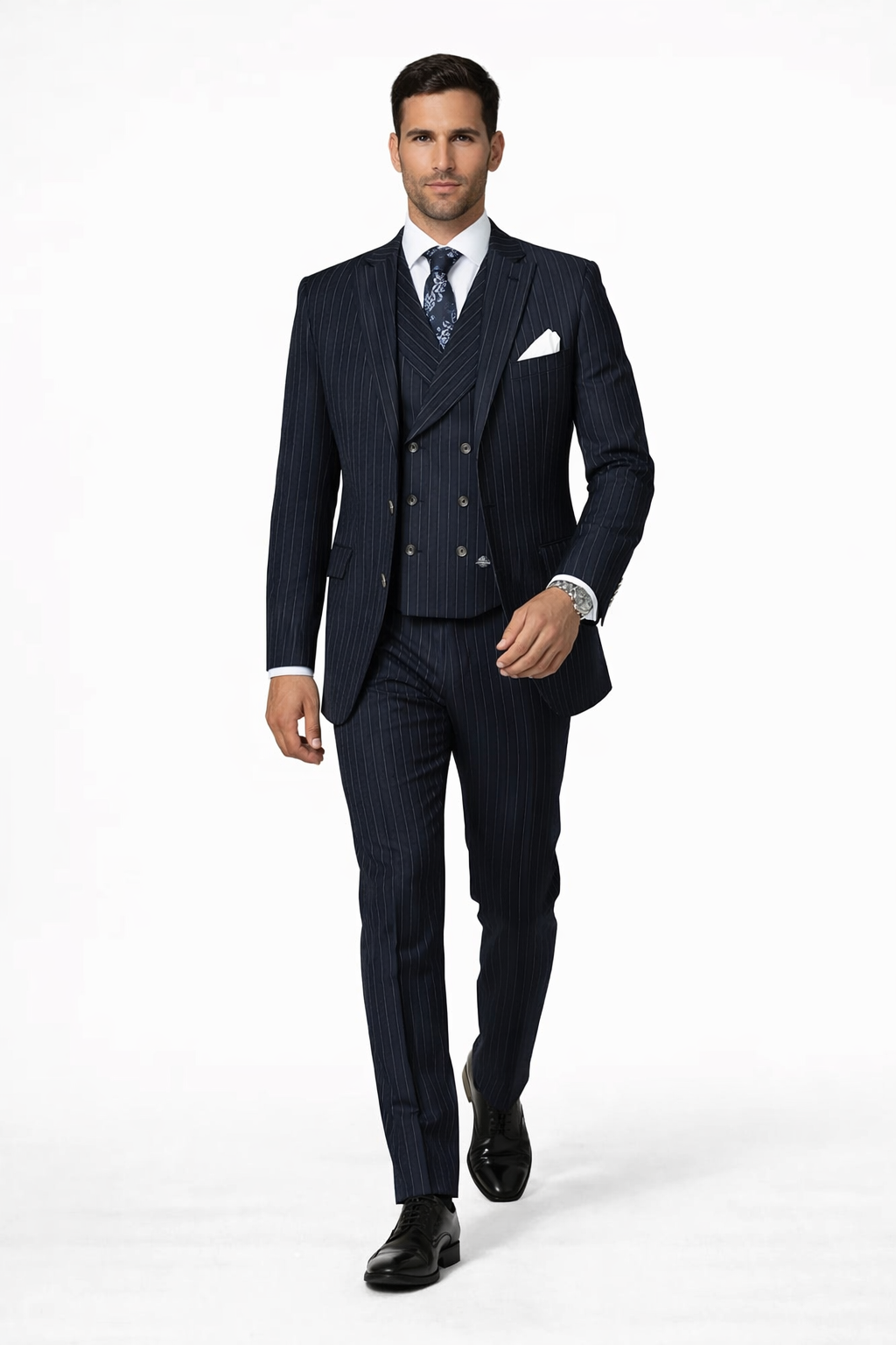 Mens Gangster Pinstripe 2 Button Double Breasted Vest Suit in Navy - 38 Short Jacket+32 Waist Adjustable 28to34)(Height: 5 4 to5 7 )(Neck  15-16.5)S-M)