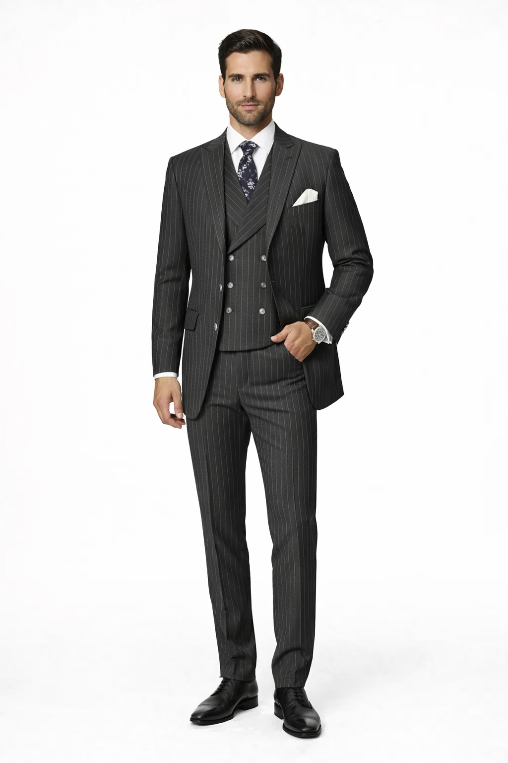 Mens Gangster Pinstripe 2 Button Double Breasted Vest Suit in Navy - 38 Short Jacket+32 Waist Adjustable 28to34)(Height: 5 4 to5 7 )(Neck  15-16.5)S-M)