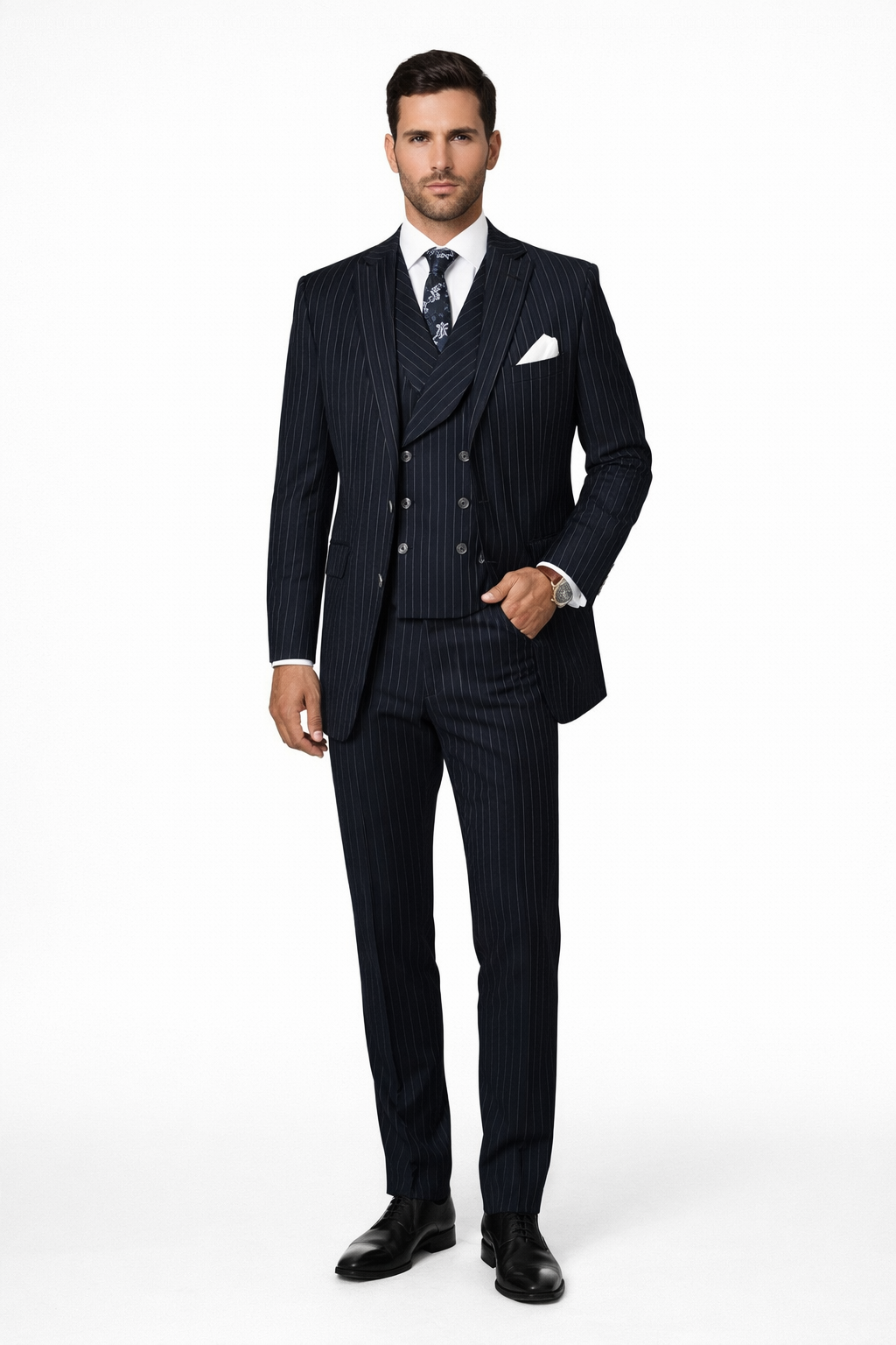 Mens Gangster Pinstripe 2 Button Double Breasted Vest Suit in Navy - 38 Short Jacket+32 Waist Adjustable 28to34)(Height: 5 4 to5 7 )(Neck  15-16.5)S-M)