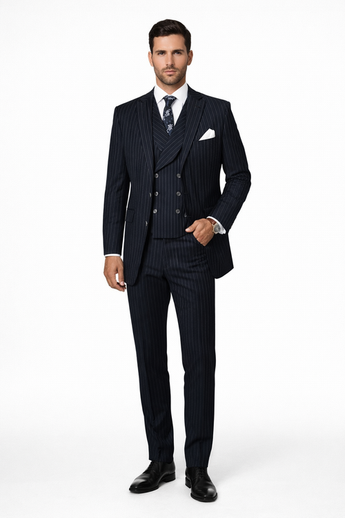 Mens Gangster Pinstripe 2 Button Double Breasted Vest Suit in Navy