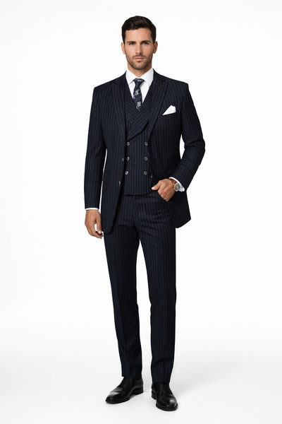 Mens Gangster Pinstripe 2 Button Double Breasted Vest Suit in Navy