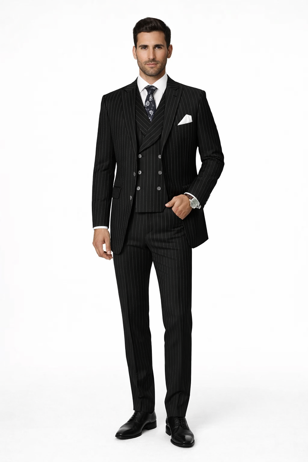 Mens Gangster Pinstripe 2 Button Double Breasted Vest Suit in Navy - 38 Short Jacket+32 Waist Adjustable 28to34)(Height: 5 4 to5 7 )(Neck  15-16.5)S-M)