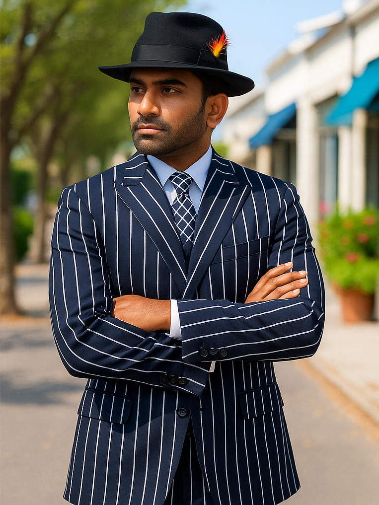 Mens Gangster Zoot Suit in Navy & White Chalk Stripe - 38 Short Jacket+32 Waist Adjustable 28to34)(Height: 5 4 to5 7 )(Neck  15-16.5)S-M)